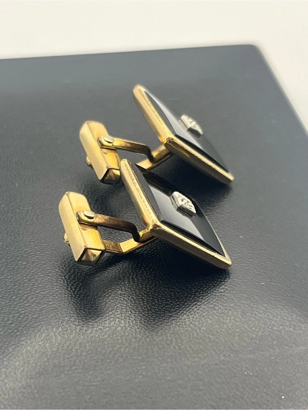 Swank 12k gold filled diamond chip black stone square cufflinks vintage
